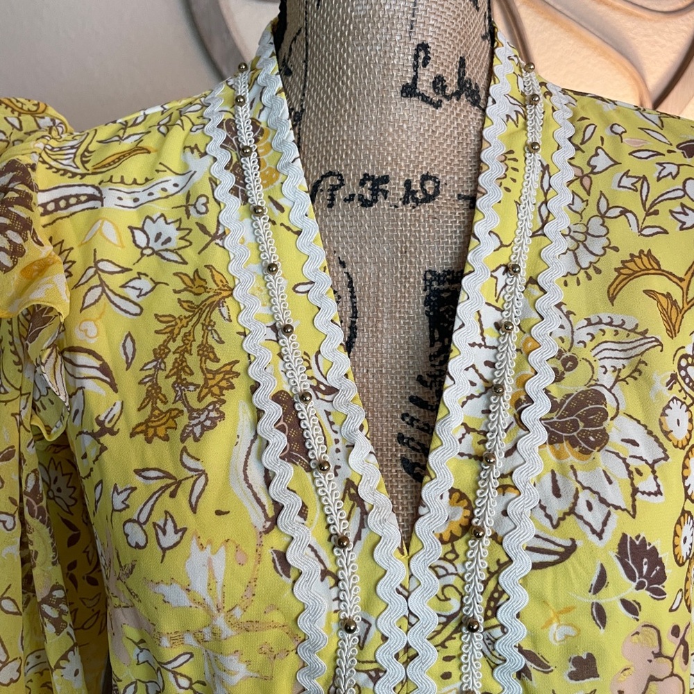 Marc New York Floral Yellow Ruffle & Rick Rack Women's Top - Picture 7 of 16
